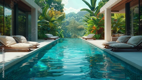 Luxurious poolside retreat with white loungers under the calm tropical ambiance