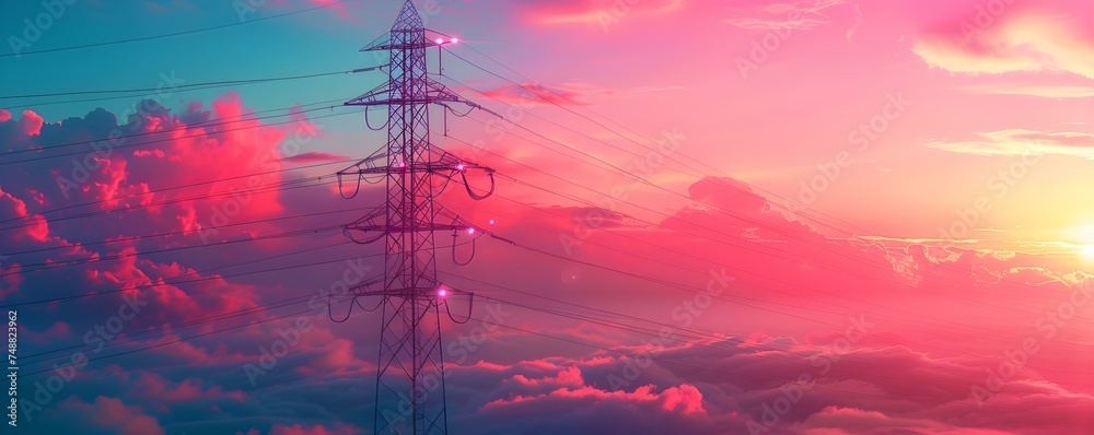Silhouetted electric tower against colorful sunset sky high voltage ...