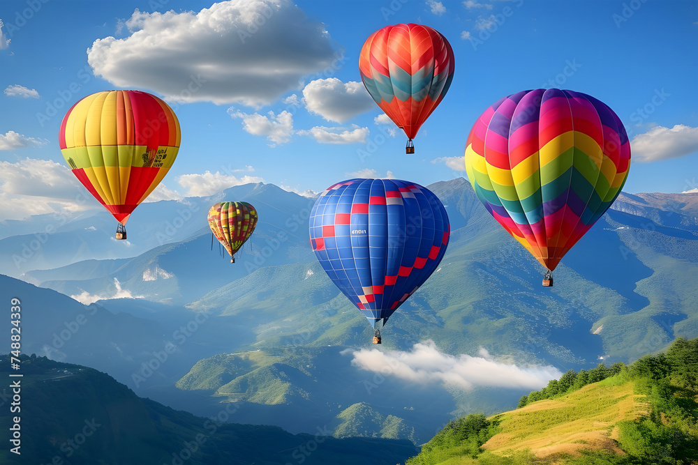 colorful hot air balloons floating gracefully above lush, green rolling hills against a backdrop of majestic mountains and a clear blue sky.