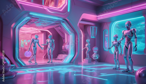 a futuristic room with robots and neon lights photo