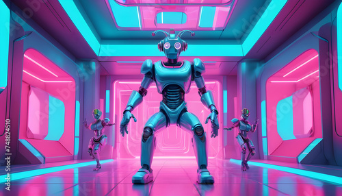 the robots in a futuristic setting with neon lights photo