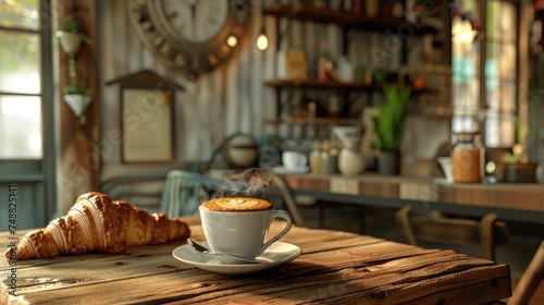 a cozy coffee shop interior, focusing on a rustic wooden table adorned with a beautifully crafted coffee cup, intricate latte art, a flaky croissant.