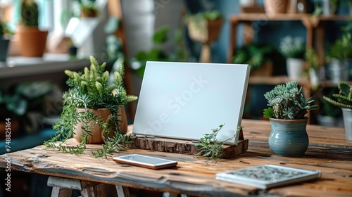 Menu with isolated white on wooden table on blurred restaurant background