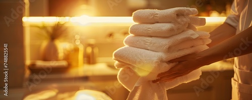 Detail shot of housekeeper arranging fresh towels in upscale hotel suite. Concept Hospitality, Luxury Accommodations, Housekeeping Services, Room Details, Hotel Suites photo