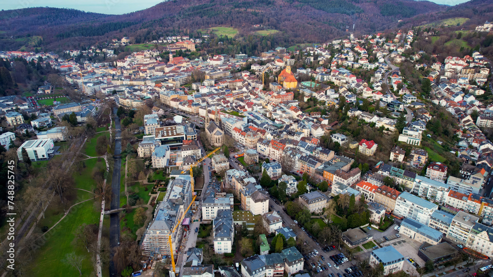 Aerial view around the old town of Baden-Baden on a winter late afternoon in Germany.