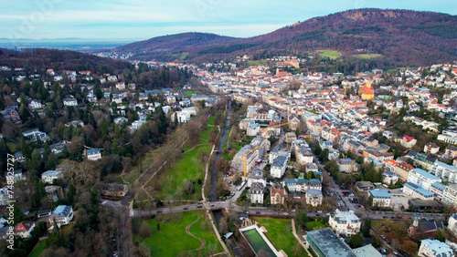 Aerial view around the old town of Baden-Baden on a winter late afternoon in Germany.