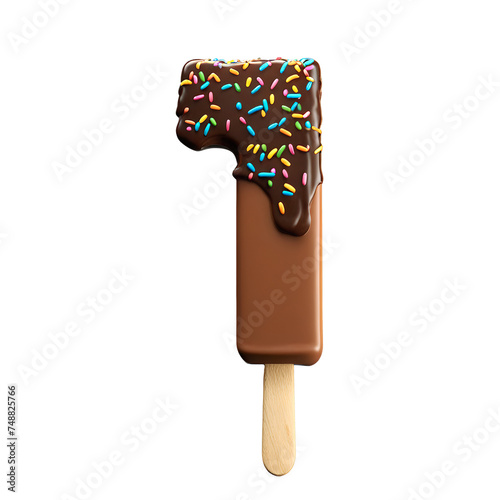 Number 1 made from chocolate ice cream on transparent background, PNG file. Generative AI