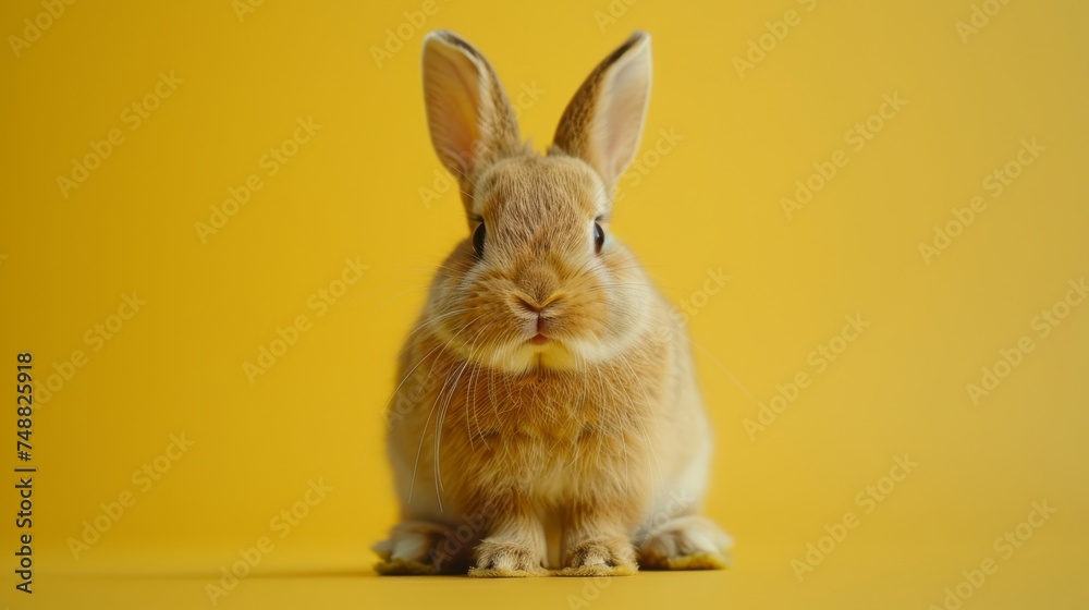 A cute animal pet rabbit or bunny brown sitting on a yellow background, with copy space for easter, rabbit, animal, pet, brown, cute, fur, ear, mammal, background, celebration