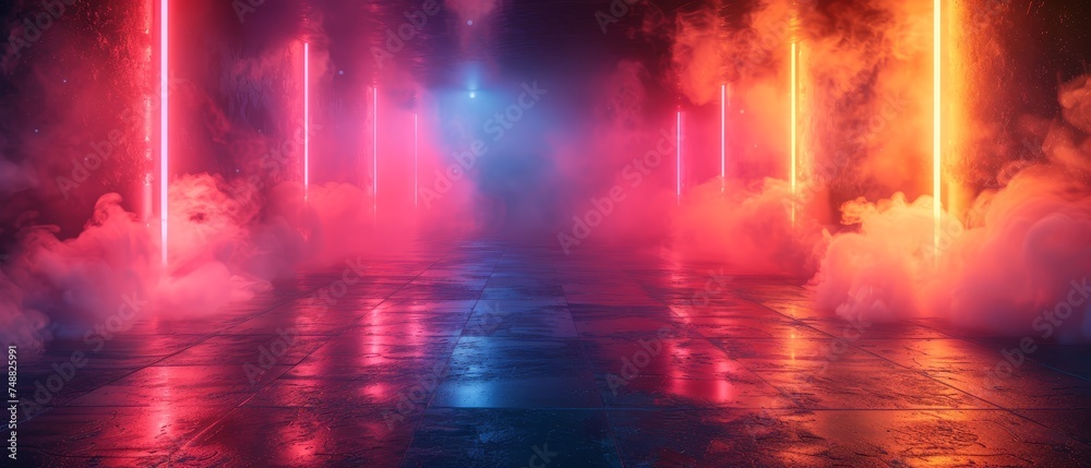 Wall background with neon lines and rays. Background dark corridor with neon light. Abstract background with lines and glow. Wet asphalt, neon smoke.
