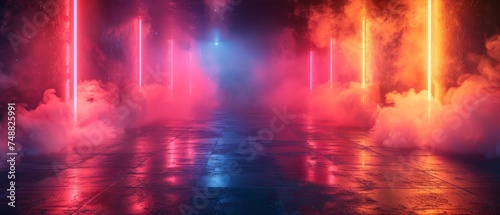 Wall background with neon lines and rays. Background dark corridor with neon light. Abstract background with lines and glow. Wet asphalt, neon smoke.