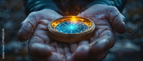 Strat-compass in digital hand. Vision crisis, Mission path, Creative agency, Digital strategy, Market decisions, Achievement strategies, Financial stock, Company vision concepts.