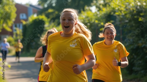 3 happy Polish women running in yellow t-shirt  one woman fat