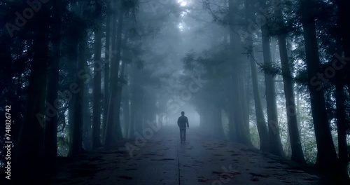Man walking on foggy road 4k slow motion video photo