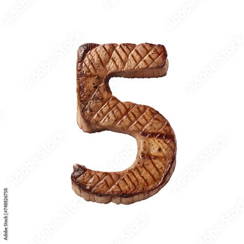 The number 5 made from beef steak, PNG file. Generative AI