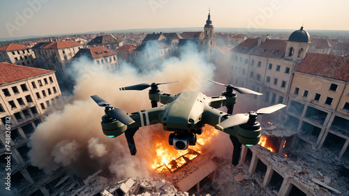 A military drone flies over a burning and destroyed city photo