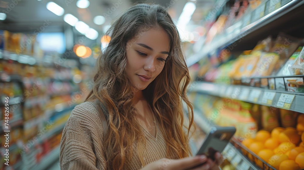 A young Latin American woman is shopping in a supermarket among the shelves with goods, a woman uses an application on her phone to compare prices.