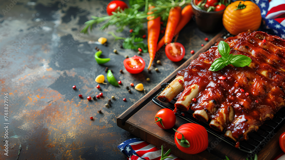 Barbecue baby back ribs with vegetables and the American flag, empty copy space