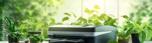 Eco friendly office scanner and printer promoting green initiatives and material savings wide banner with copyspace
