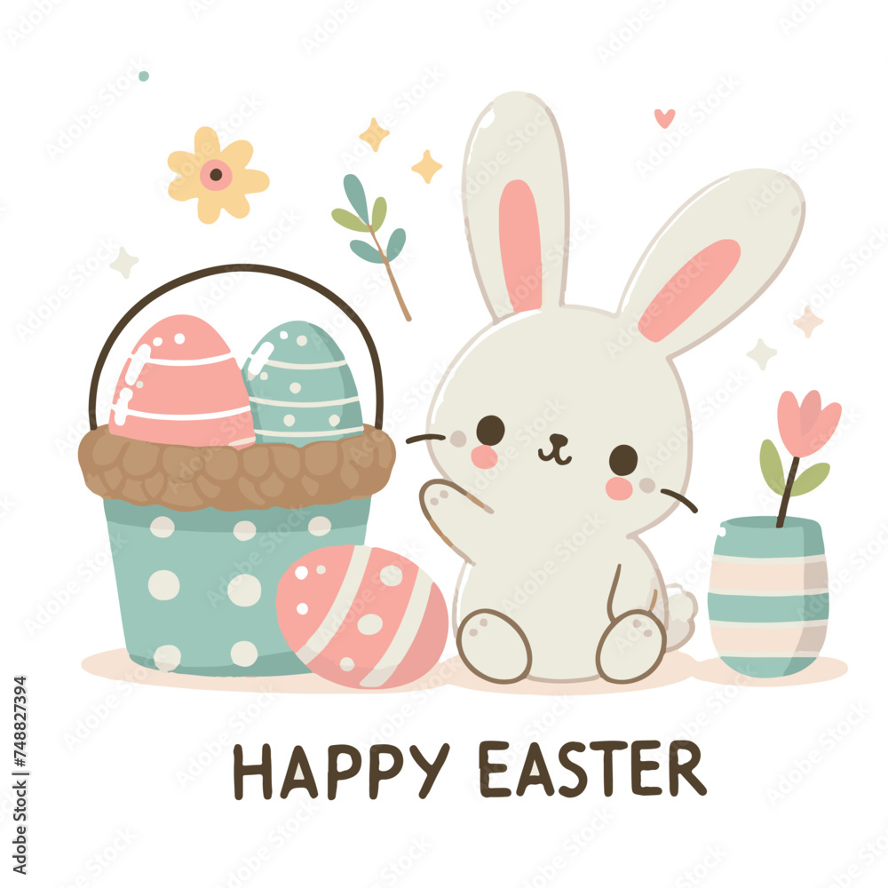 Fototapeta premium Cute Little Rabbit With Easter Eggs Vector Illustration