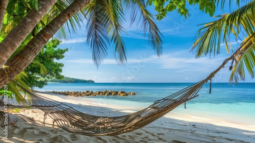 a beautiful, relaxing, calming beach scene, a hammock between 2 palm trees, endless ocean view,