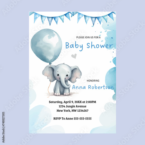 Cute Baby Elephant Baby Shower Digital Invitation