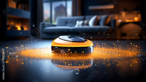 IoT enabled vacuum hoover robot with real time HUD data making home cleaning efficient wide banner concept