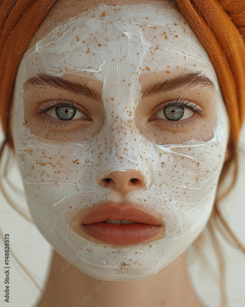 A detailed close-up of a young woman wearing a nourishing facial mask, highlighting her eyes and skin care routine.. A detailed close-up of a young woman wearing a nourishing facial mask, highlighting her eyes and skin care routine..