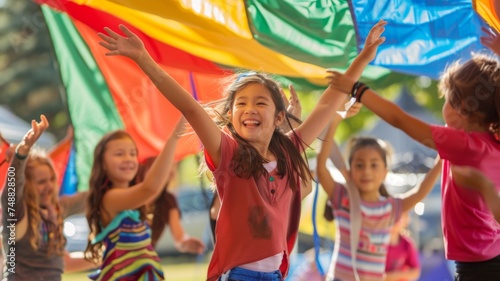Children playing under colorful parachute - Children joyfully playing together under a multicolored parachute canopy on a sunny day