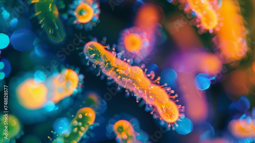 Colorful, abstract visualization of microbes - Abstract, vibrant visualization of microbes with glowing details, creating a sense of movement and life in a microscopic world © Mickey