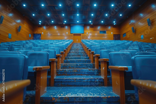 Perspective view of an empty lecture hall featuring rows of blue seats and wooden accents, highlighting the educational setting..