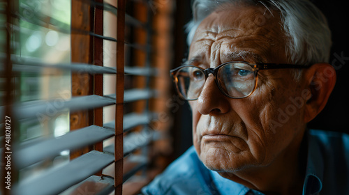 Close up sad senior elderly man standing and looking out of window in bedroom