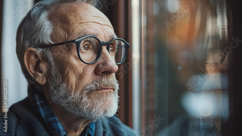 Close up sad senior elderly man standing and looking out of window in bedroom