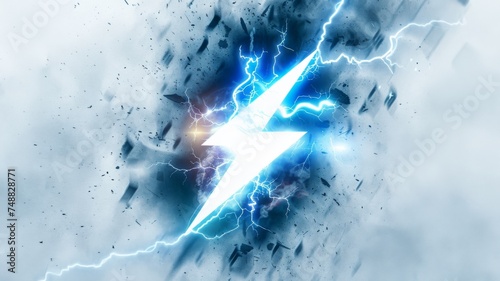 Electric lightning bolt shattering surface - High-energy image depicting an intense lightning strike shattering a surface, amidst a dynamic stormy background