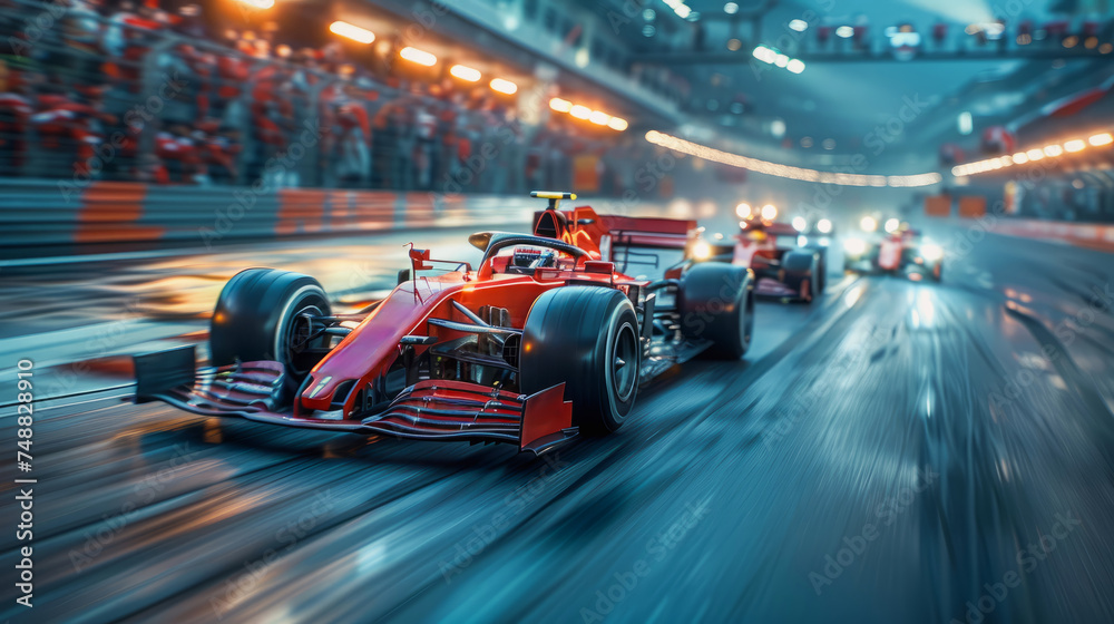 Motorsport cars racing on race track with motion blur background. F1 Grand Prix , Formula 1, Car racing