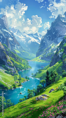 Fantasy landscape with mountains and lake - A digital painting depicting a lush, vibrant fantasy landscape with towering mountains, a serene lake, and a clear blue sky © Mickey