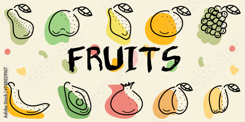 Colorful Doodle set Fruits  pear  lemon  orange  avocado  grapes. Editable stroke. Multicolored vector hand drawn illustration done in black  green  orange  red colors. Isolated on yellow background 