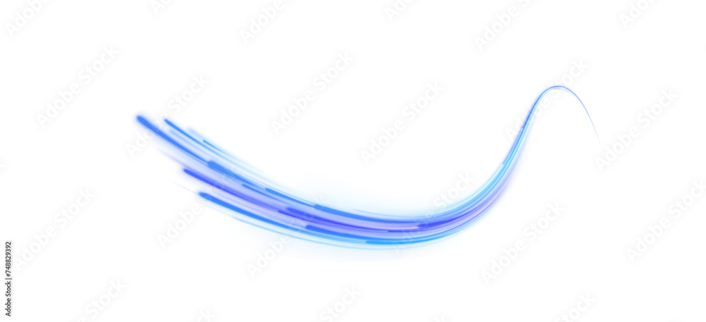 Blue air flow wave effect set. Design element for visualizing air or water flow. Light, light garland PNG. Light arc in blue colors, in the form of a turn and a zigzag.	