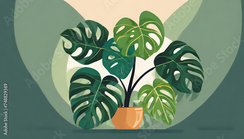 Digital art illustration of a luscious green Monstera plant with big leaves with holes in a nice brown pot or planter.