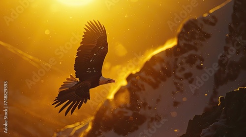 a bald eagle as it soars gracefully over the breathtaking Alaskan wilderness, with snow-capped mountains and dense evergreen forests. photo