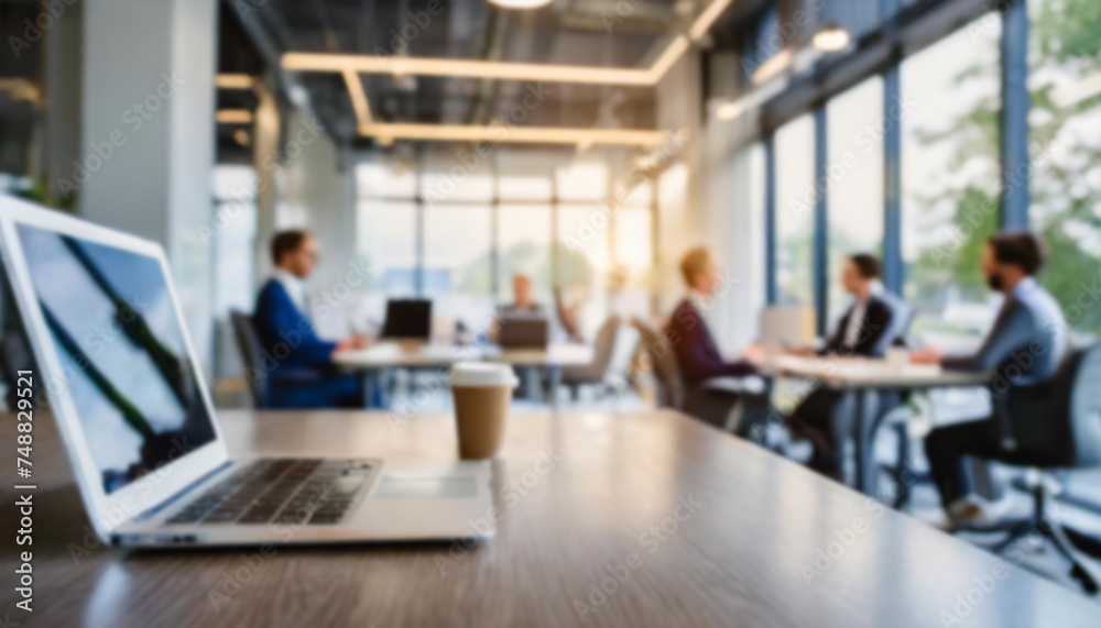 Blurry out of focus background of a bright clean office with desks, computer screens, chairs and business people walking around. ai generated Blurry out of focus background of a bright clean office with desks, computer screens, chairs and business people walking around. ai generated