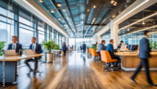 Blurry out of focus background of a bright clean office with desks  computer screens  chairs and business people walking around. ai generated