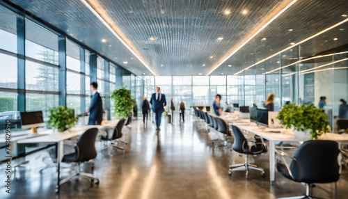 Blurry out of focus background of a bright clean office with desks, computer screens, chairs and business people walking around. ai generated