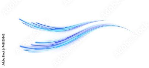 Blue air flow wave effect set. Design element for visualizing air or water flow. Light, light garland PNG. Light arc in blue colors, in the form of a turn and a zigzag.	