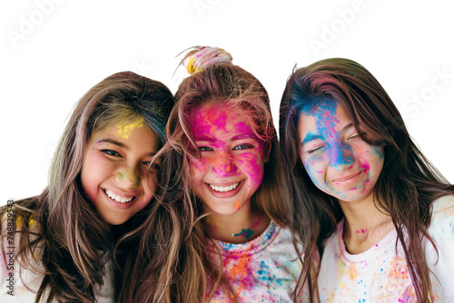 Photo of girls playing holi, selfie of three girl after holi celebration, color on girls face