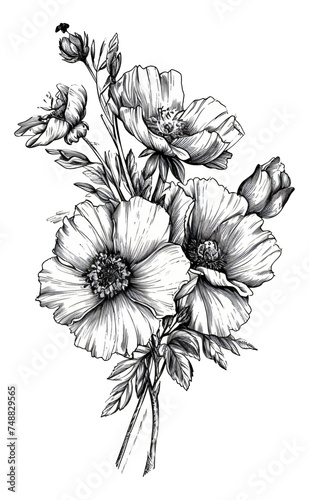 Vintage floral bouquet flowers in black and white.
