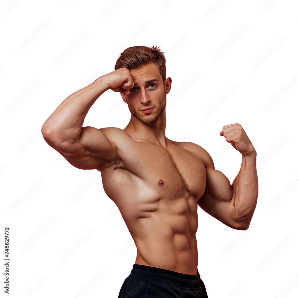 A muscular man with short brown hair and blue eyes is flexing muscles A muscular man with short brown hair and blue eyes is flexing muscles