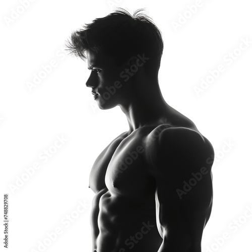 Black and white photo of a shirtless muscular man 