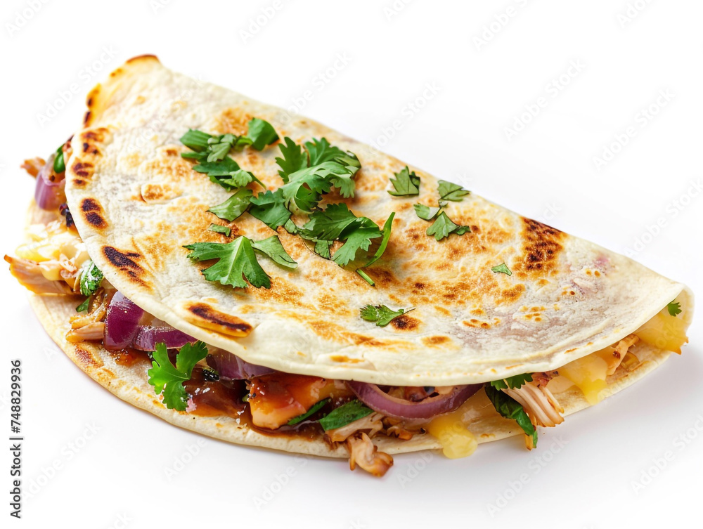 A BBQ chicken quesadilla filled with shredded BBQ chicken, cheese, caramelized onions and cilantro.
A BBQ chicken quesadilla filled with shredded BBQ chicken, cheese, caramelized onions and cilantro.