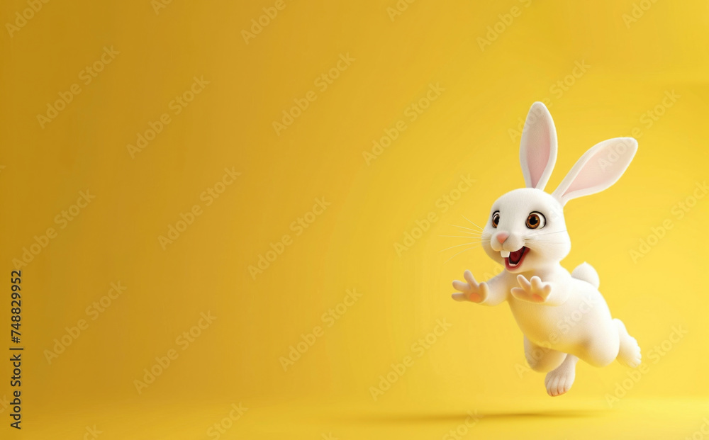 Obraz premium 3D Cartoon white easter bunny jumping, isolated on a yellow background