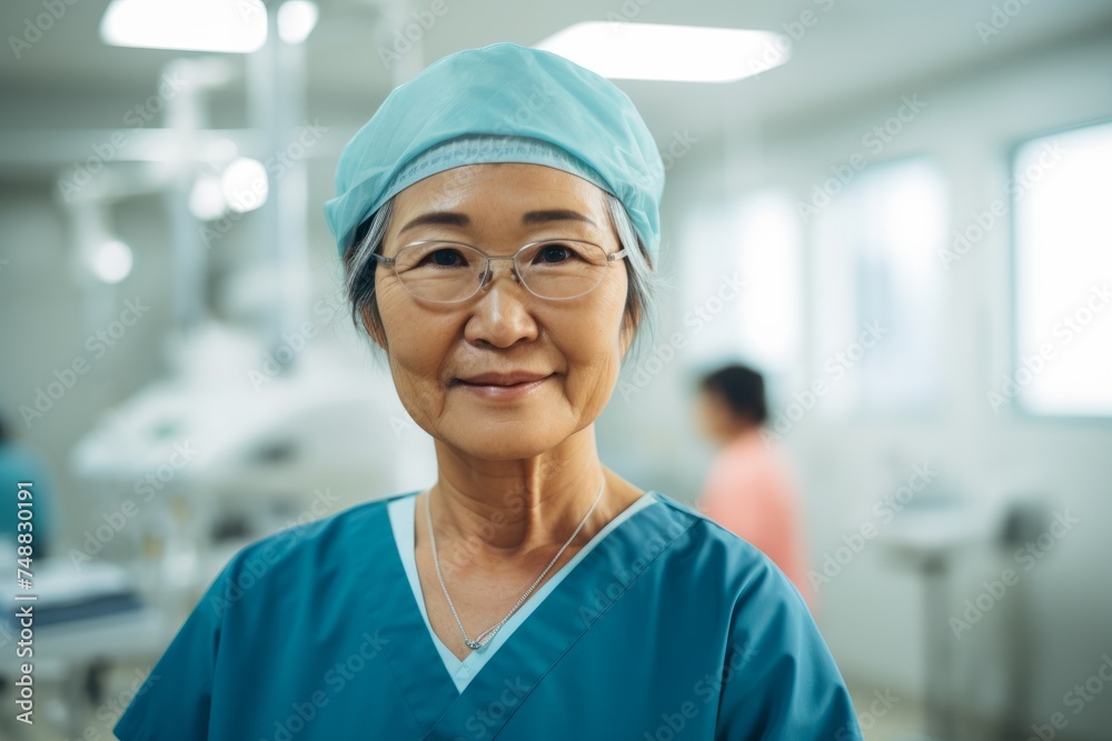 Portrait of a old elderly doctor medical worker in surgical clothing in an operating room, concept of surgery and professionalism in the medical field	
